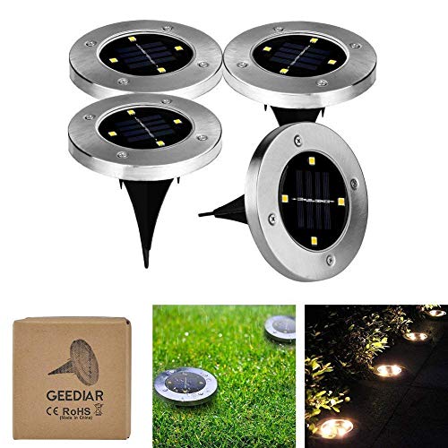 GEEDIAR 4 pcs Luz Solar Jardín de Tierra 4 LED 100LM, Luces Solares LED Exterior Inalámbricas IP65 Impermeable, Lámparas Solares para Exteriores Escaleras Paisaje Patios Caminos Blanco Cálido