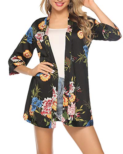 Hawiton Mujer Cárdigan Kimono Florales Manga 3/4 Gasa Boho Blusa Playa Encubrir Chaqueta Fina Casual