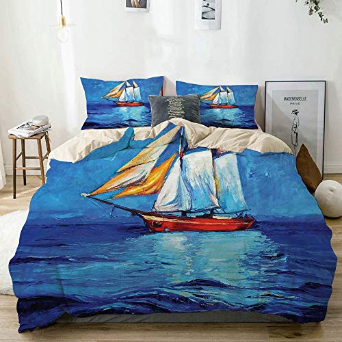 Juego de fundas nórdicas Beige, Fragata de barco flotante en el mar Impresionismo moderno, Juego de cama decorativo de 3 piezas Tamaño doble con 2 fundas de almohada Cuidado fácil Antialérgico Suave s