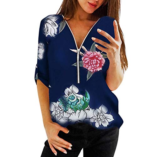 JURTEE Camisa para Mujer Sexy Cuello En V En Cremallera Camiseta Estampado De Flores Manga Media Casual Blusa Cómodos Tops