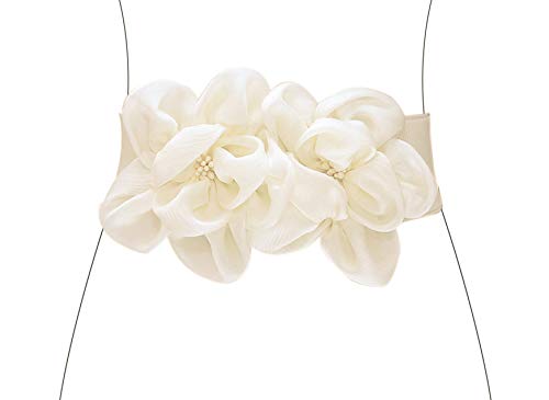 Las mujeres de las muchachas grandes de moda doble decoración flores hebilla ajustable cinturón de cintura ancha elástico (one size, blanco)