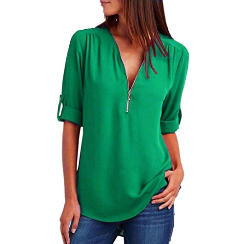 Lenfesh Camiseta de Gasa para Mujer, Sexy Atractiva Cuello V Mangas Medias Camisas Tops Blusas Blusa con Cremallera Escote (M, Verde)