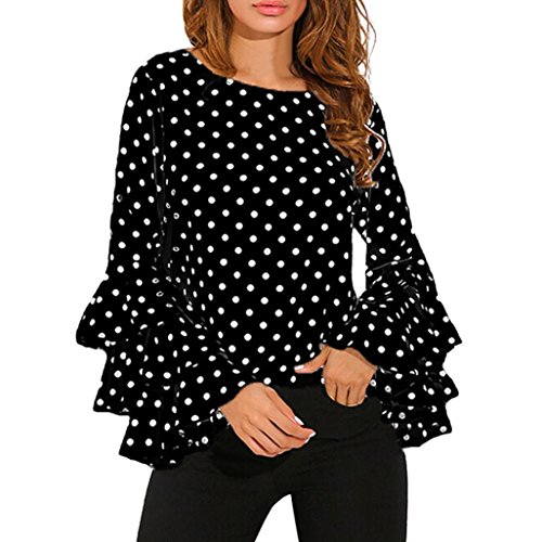 Lenfesh Casual de Mujer Solid Camisa Manga Larga Blusa Camisas con Volantes (Negro, XL)