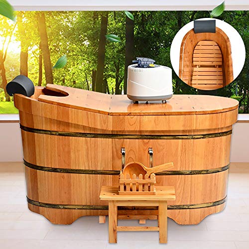 LOHOX Fumigación Barril de Madera, Bañera Sauna Barril Madera, Bañera Baño con Tapa Taburete Interior Extraíble y Diseño de Respaldo Aro de Cubo Espesor de la Hoja 2.5 CM (1-1.6M)