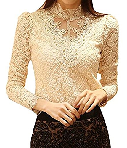 Minetom Mujer Elegante Blusa Cordón Blusa Tops con Diamante De Imitación Camisas OL 2 Colores Beige ES 42