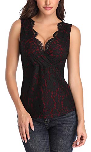 MISS MOLY Mujer Camiseta de Tirantes con Cuello en V Camisas Blusas Encaje Rojo Large