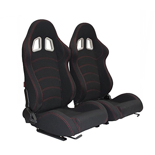 MODAUTO Asiento Deportivo Coche, Semibaquet Ajustable, de Tela, con Ríeles incluidos, Conductor y Pasajero, Universal para Coche y Simulador de Conducción, Modelo N190LR, Negro y Cosutra Roja U