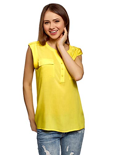 oodji Collection Mujer Blusa de Viscosa con Bolsillos en el Pecho, Amarillo, ES 44 / XL