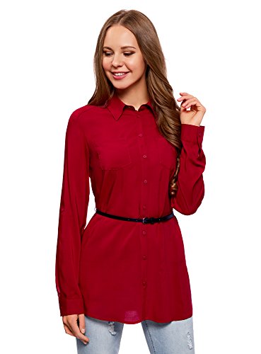 oodji Collection Mujer Túnica de Viscosa con Cinturón, Rojo, ES 46 / XXL