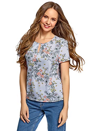 oodji Ultra Mujer Blusa Ancha con Escote Gota, Azul, ES 40 / M