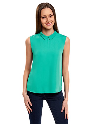 oodji Ultra Mujer Blusa Básica sin Mangas con Cuello, Verde, ES 40 / M