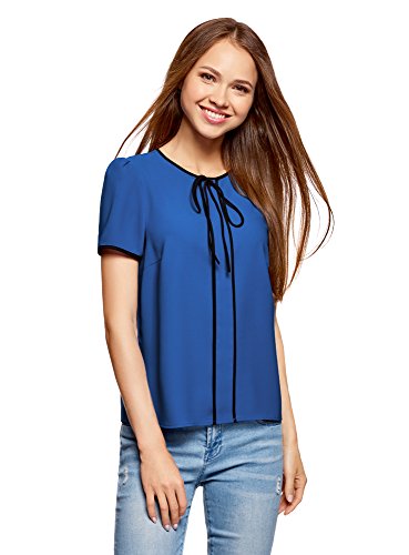 oodji Ultra Mujer Blusa con Lazos y Acabado en Contraste, Azul, ES 36 / XS