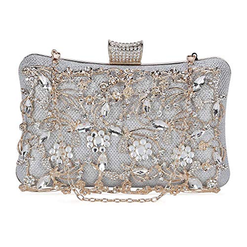 Selighting Bolso de Noche de Lujo Bolso de Hombro Mujer Glitter Diamond Hard Shell Clutches Embrague Bolsos de Diamantes de imitación Hechos a Mano para Boda/Fiesta/Baile (plateado)