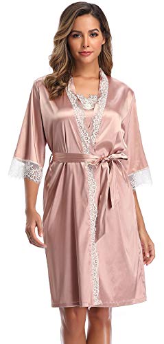 SHEKINI Kimono Mujer Batas Elegante Pijama 3/4 Manga con Cinturón Satén Camisón Sexy(XL,Rosa Claro