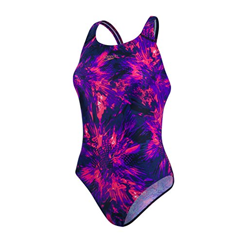 Speedo FlyingFlash Allover Powerback Bañador, Mujer, Negro/Violeta/Rosa, 30