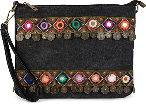 styleBREAKER Bolso de Mano Clutch en óptica de Tela de Yute en un Moderno Estilo étnico Decorado con Bordados, Monedas y Espejos pequeños, Bolso de Bandolera, de señora 02012121, Color:Negro