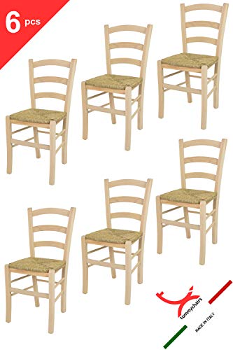 Tommychairs sillas de Design - Set 6 sillas clásicas Venice para Cocina, Comedor, Bar y Restaurante, solida Estructura en Madera de Haya lijada, no tratada, 100% Natural y Asiento en Paja