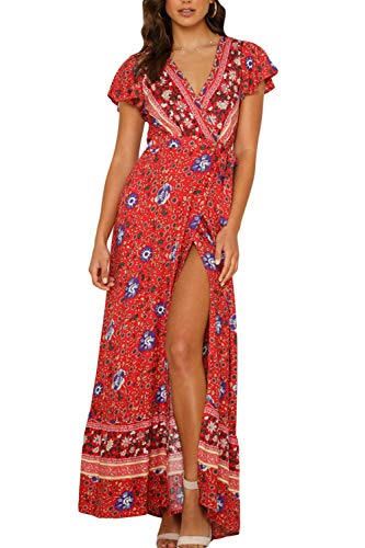 Vestido Mujer Bohemio Largo Verano Playa Fiesta Floral Manga Corta Cuello en V Talla Split Wrap Maxi Vestidos 3 M