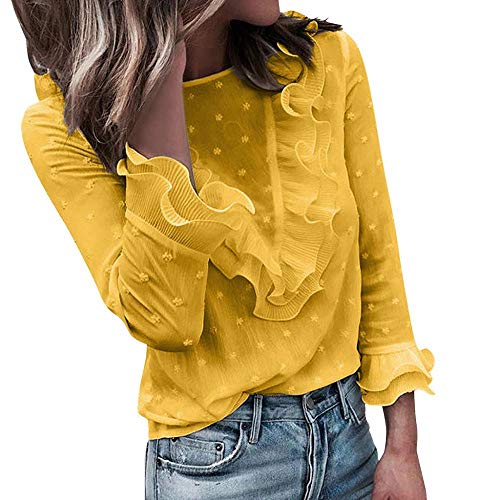 VJGOAL Moda Mujer Casual Encaje Sexy Lunares O Cuello Dulce Volante Camiseta Manga Larga Tops Blusa (S, X-Amarillo)