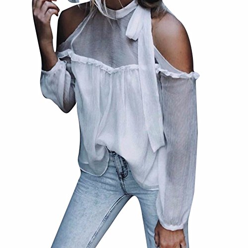 VJGOAL Moda Mujer Casual Encaje Sexy Lunares O Cuello Dulce Volante Camiseta Manga Larga Tops Blusa (S, Y-Blanco1)