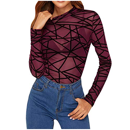 VRTUR Camisa Clásica de Otoño para Mujer Camisa Transparente de Manga Larga con Forma de Brazo Sin Mangas Camisa de Malla Superior Blusa 2020 Nuevo(H-Vino,M)