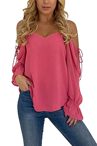 YOINS Blusa de manga corta con hombros descubiertos, cuello en V, para mujer 1 ~ rojo sandía XL