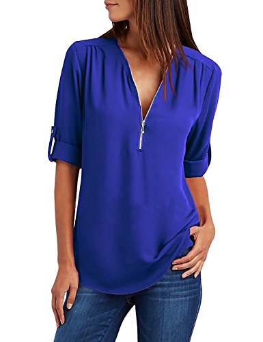 Yuson Girl Camisas Mujer Nuevo Blusas para Mujer Vaquera Sexy Gasa Tops Camisetas Mujer Cremallera Manga Corta Blusas (Azul, M)