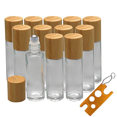 12pz roll on cristal 10ml envase roll on rellenable con tapa de bambú, Creatiees rellenable de cristal Roller roll-on botellas de aceites esenciales con bola de metal de acero inoxidable