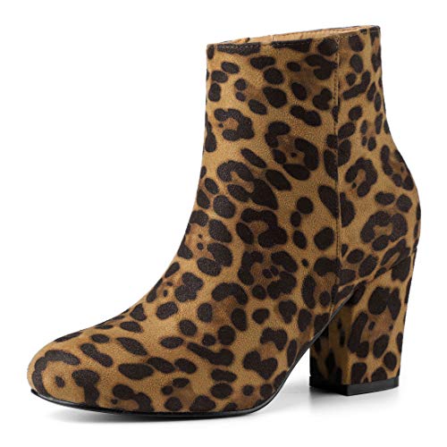 Allegra K Botines De Tacón Grueso con Cremallera Lateral Punta Redonda para Mujeres - Leopardo/US 5.5, EU 35.5