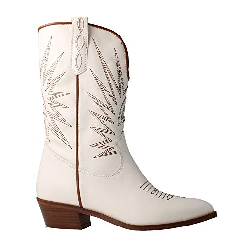 ALPE 4571 - Bota Tejana Piel Blanca con Dibujo PESPUNTEADO para Mujer Color: Blanco Talla: 40