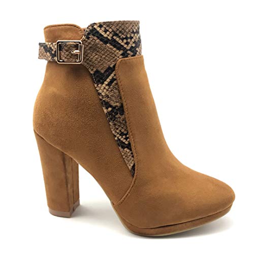 Angkorly - Zapatillas Moda Botines Botas Biker Motociclistas Sexy Glam Rock Mujer Efecto Piel de Serpiente pitón Hebilla Tacón Ancho Alto 10 CM - Camel FB-113 T 40