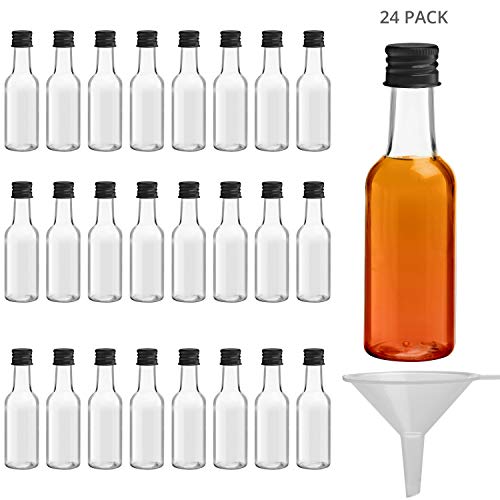 BELLE VOUS Mini Botellas de plástico 24 Piezas - Botellas vacias para Licor 55ml-plastico Bottles con Tapa Negra y Embudo de - Excelentes para Bodas, Regalos, Artes, Pinturas y Eventos