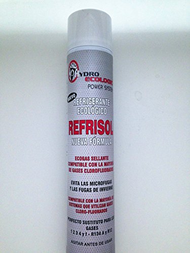 Gas sustitutivo 134a, 1234yf, R12.ECOLOGICO. Gas aire acondicionado CON SELLANTE. Refrisol. Envase: equivalente a 1.150g para r134 y 1.200g para 1234yf. Refrisol 750ml