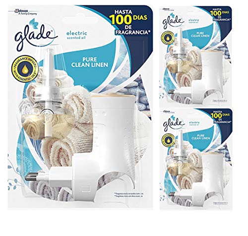 Glade - Ambientador Eléctrico Líquido con Aceites Esenciales, Aroma Frescor de Ropa, hasta 100 Días, Difusor + Recambio [Pack de 3]