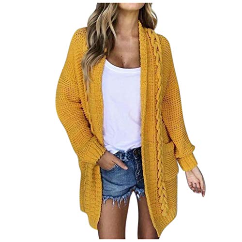 HCFKJ Mujer Invierno Cardigan Jersey de Punto Suelto Color Sólido Chaqueta Botón Suéter para Otoño Invierno Pullover Camisetas Túnicas Amarillo 2XL