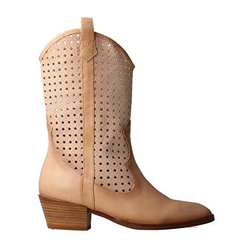 HISPANITAS HV00420 - Bota Cowboy Piel Perforada Arena para Mujer Color: Arena Talla: 36