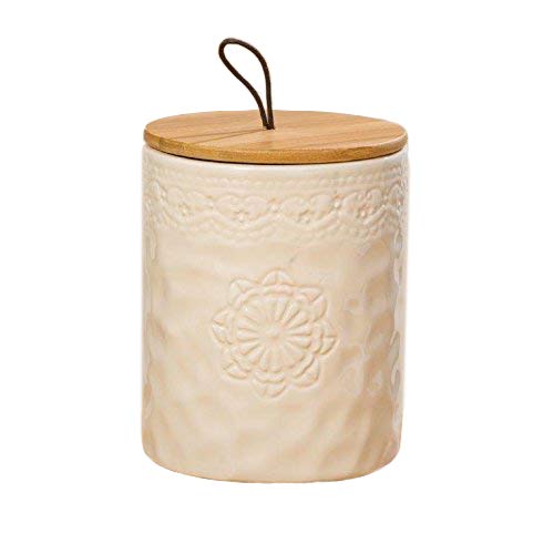 Home Collection Tarro de Loza Almacenaje Conservación Decoracion Hogar A17 cm D13 cm con Tapa de Bambú con Banda de Silicona Cierre Hermético en Beige Decorado con Finos Ornamentos