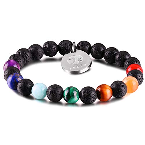 JOXFA Genuino Natural 7 Chakra Piedra Preciosa Hombres Mujeres 8mm Lava Rock Aromaterapia Aceite Esencial Difusor Pulsera Elástico Piedra Natural Cuentas de Yoga Pulsera Brazalete (Lava Chakra B)