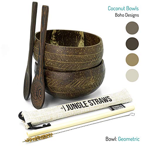 Jungle Culture | Tazones y cucharas de coco | Paja de bambú, bolsa y cepillo de limpieza | Boho Coconut Bowl Set de 2 | Orgánico y reciclado | Eco amigable y hecho a mano en Vietnam