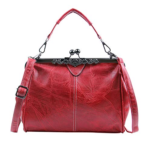 LUI SUI Bolso Retro de Mujer, Monedero de Cuero de PU Bolso de asa Superior Vintage Bolso de Hombro Crossbody Kiss Lock para Damas