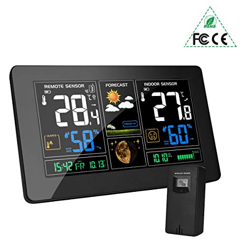 MOHOO Estación Meteorológica Inalámbrica Interiores y Exteriores con Sensor 9 en 1 Monitor de Temperatura y Humedad Reloj Digital con Pantalla de Sensor LCD para Hogar y Oficina,Hora lugal.