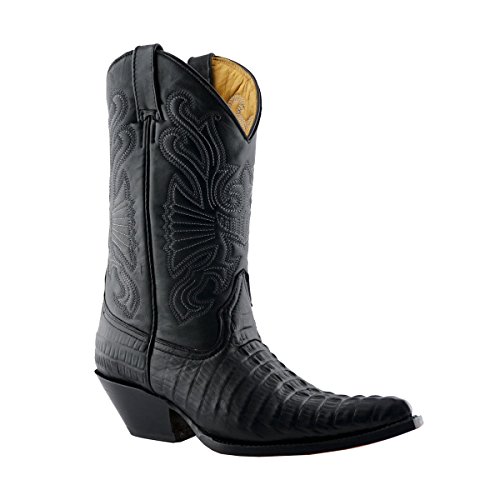 Muelas Carolina Croc Botas de Cuero de cocodrilo Negro Botas Vaqueras (Mens UK 12 / EU 46)