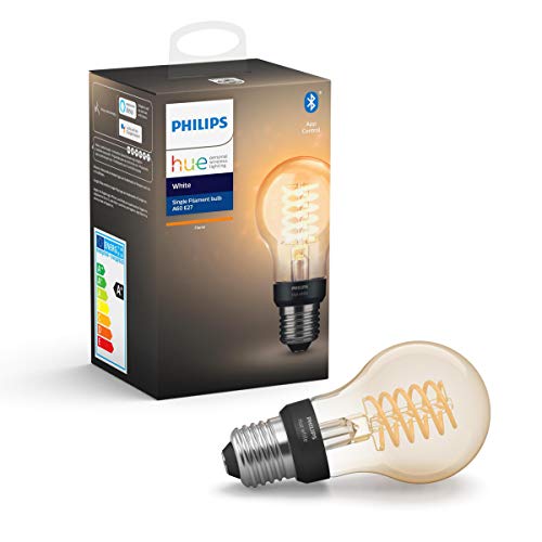 Philips Hue Bombilla Inteligente LED E27, con Bluetooth, Filamento A60, Luz Blanca Cálida, Compatible con Alexa y Google Home