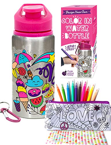 Purple Ladybug Novelty – CREA tu Propia Botella de Agua Personalizada con 10 Rotuladores Vivos Pegatinas de Gemas y Estuche de Regalo – Botella de Agua para Niños - Sin BPA Niña