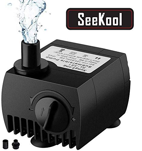 SeeKool Mini Bomba de Agua Ultra Silencioso 300L/H Submersible Pump 3W Circulation Pump con 2 Boquillas para Pecera Acuario Jardín, Fuente, Estanque Sistemas Hidropónicos