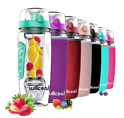 willceal Infusor de Frutas Botella de Agua de 32 oz,Durable con Bola de Gel de Hielo Desmontable, Grande - Tritan Libre de BPA, Tapa abatible, diseño a Prueba de Fugas - Deportes, Camping (Menta)