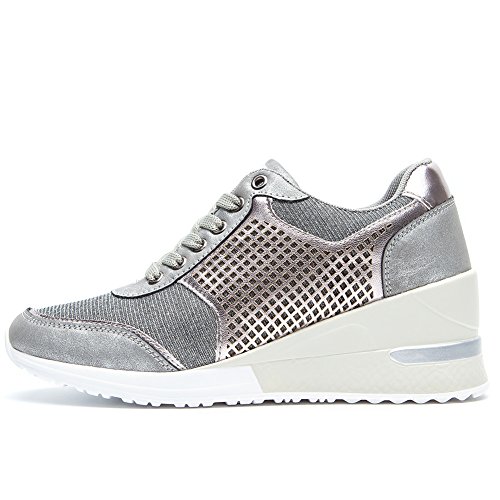 Zapatillas Deportivas Plataforma Cuña para Mujer - ANJOUFEMME Zapatos Wedge Sneakers Mujer, Apto para Todas Las Estaciones SM1-SILVER-38