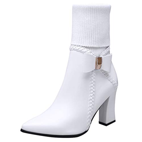 ZOODF Botas Invierno Mujer Tacón Alto Cabeza Puntiaguda tacón Grueso Calentar Botas de Mujer Botas de Lana con Lazo Zapatos de tacón Moda Sexy Heel Shoes(Blanco,35 EU)