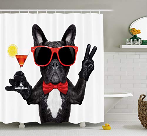 ABAKUHAUS Divertido Cortina de Baño, Bulldog Francés Sosteniendo Martini Trago Listo para Fiesta Alegría Estampa, Material Resistente al Agua Durable Estampa Digital, 175 x 200 cm, Blanco