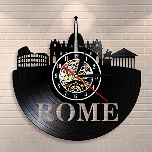 BFMBCHDJ Roma Skyline Reloj de Pared Italia Capital Paisaje Urbano Vinyl Record Reloj de Pared Roma Señales Silueta Arte de la Pared Reloj de Pared Decorativo